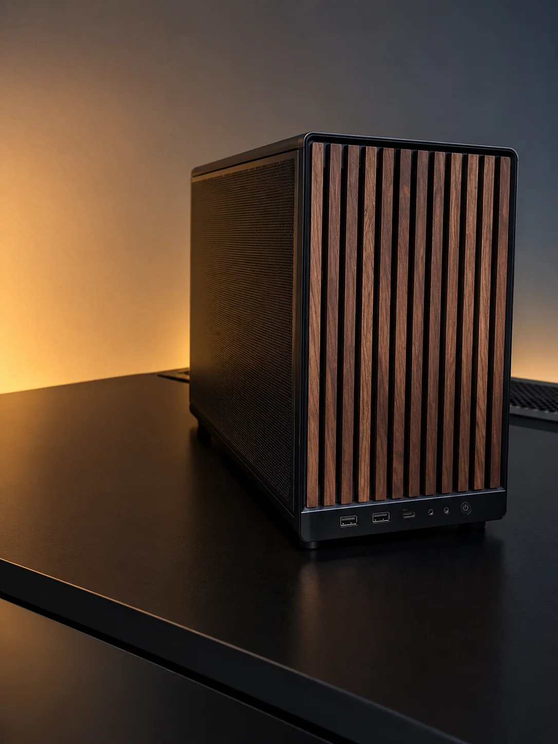 Minimalist PC with a front made of wooden slats on a black desk