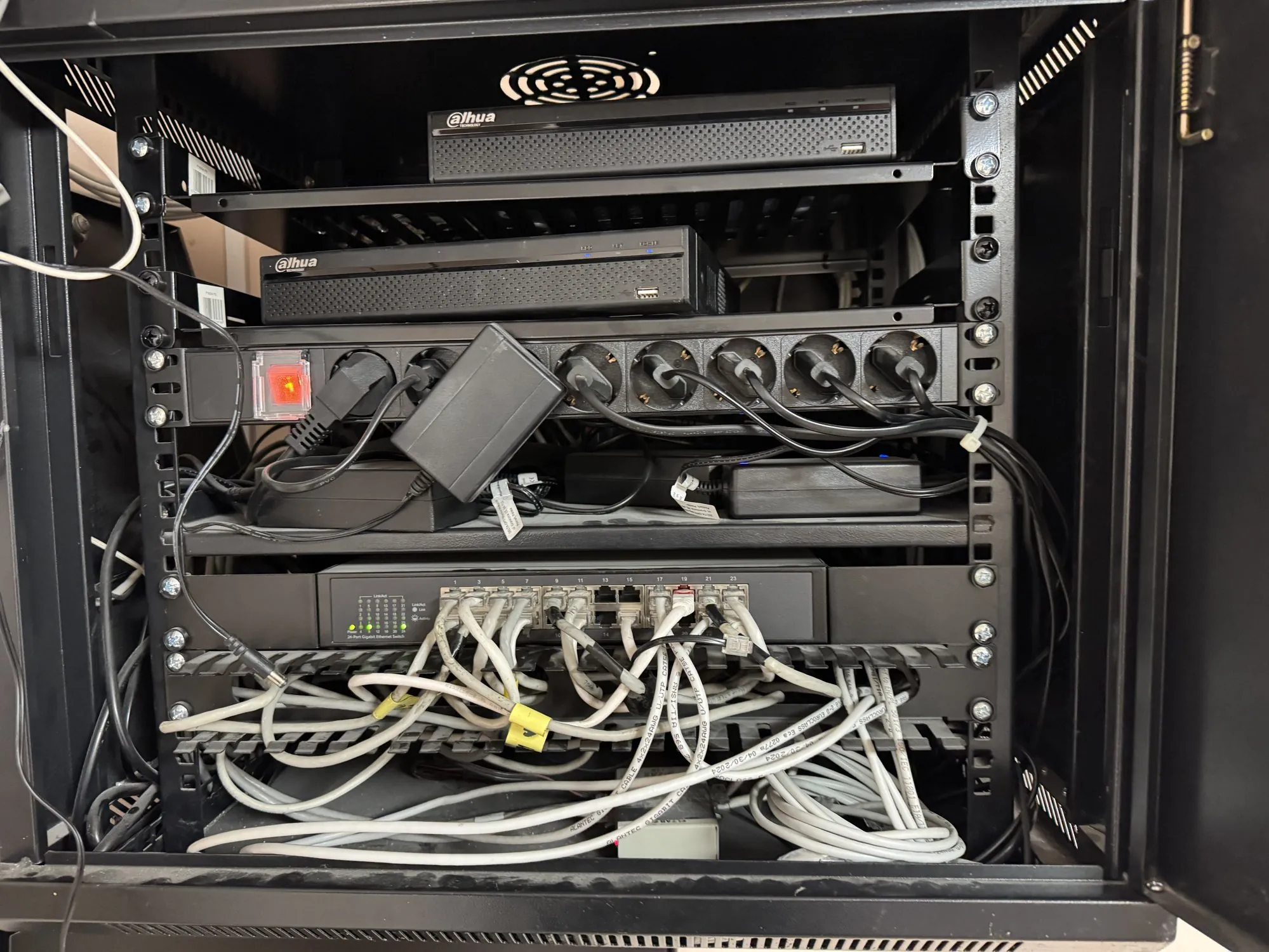 Rack cabinet with tangled, untidy cabling