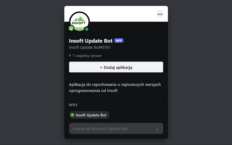 Profil bota Insoft Update Bot na Discordzie
