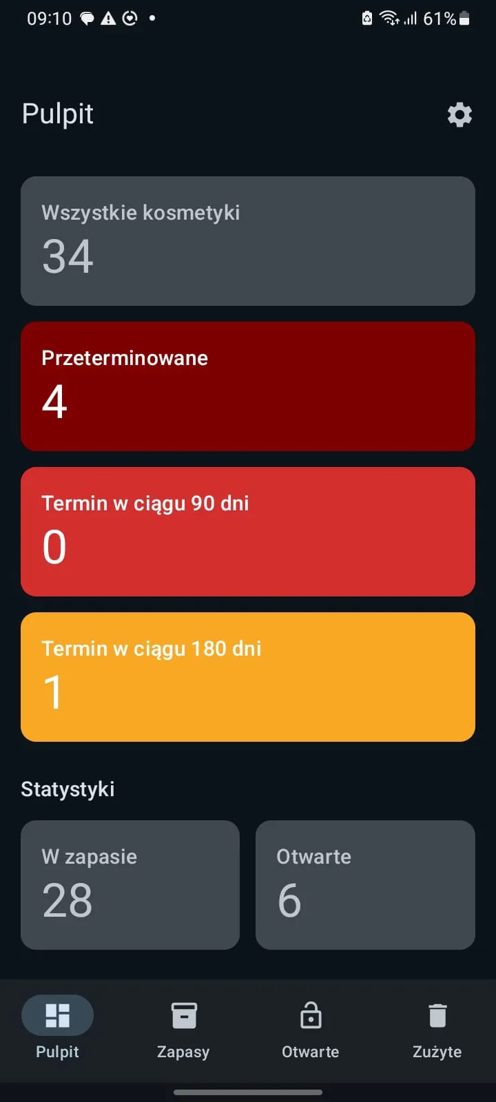Dashboard of the Kosmetyki app with product and status counters