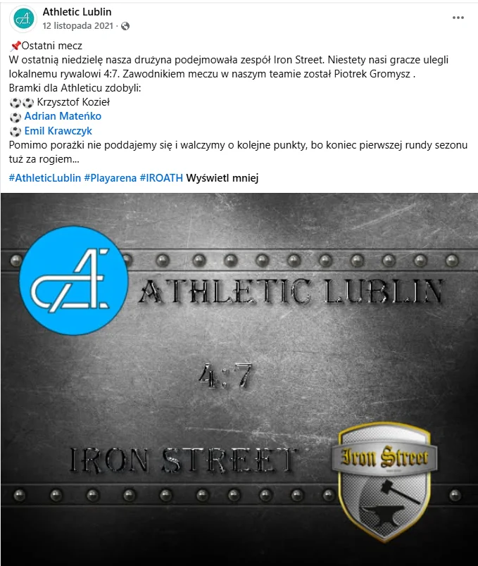 Match graphic for Athletic Lublin vs Iron Street 4:7 on Facebook